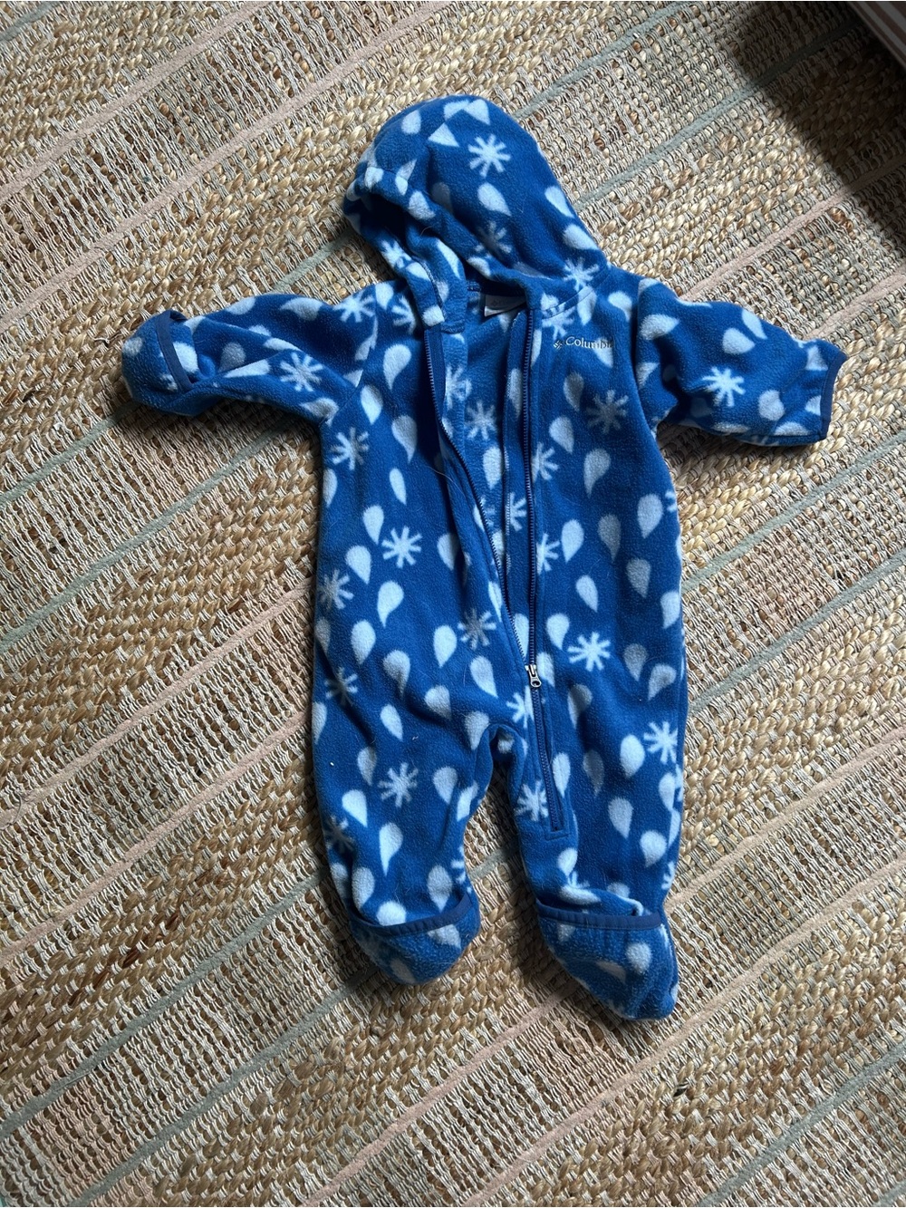 6-12m Columbia Blue and White Snowflake Fleece Footed One-Piece